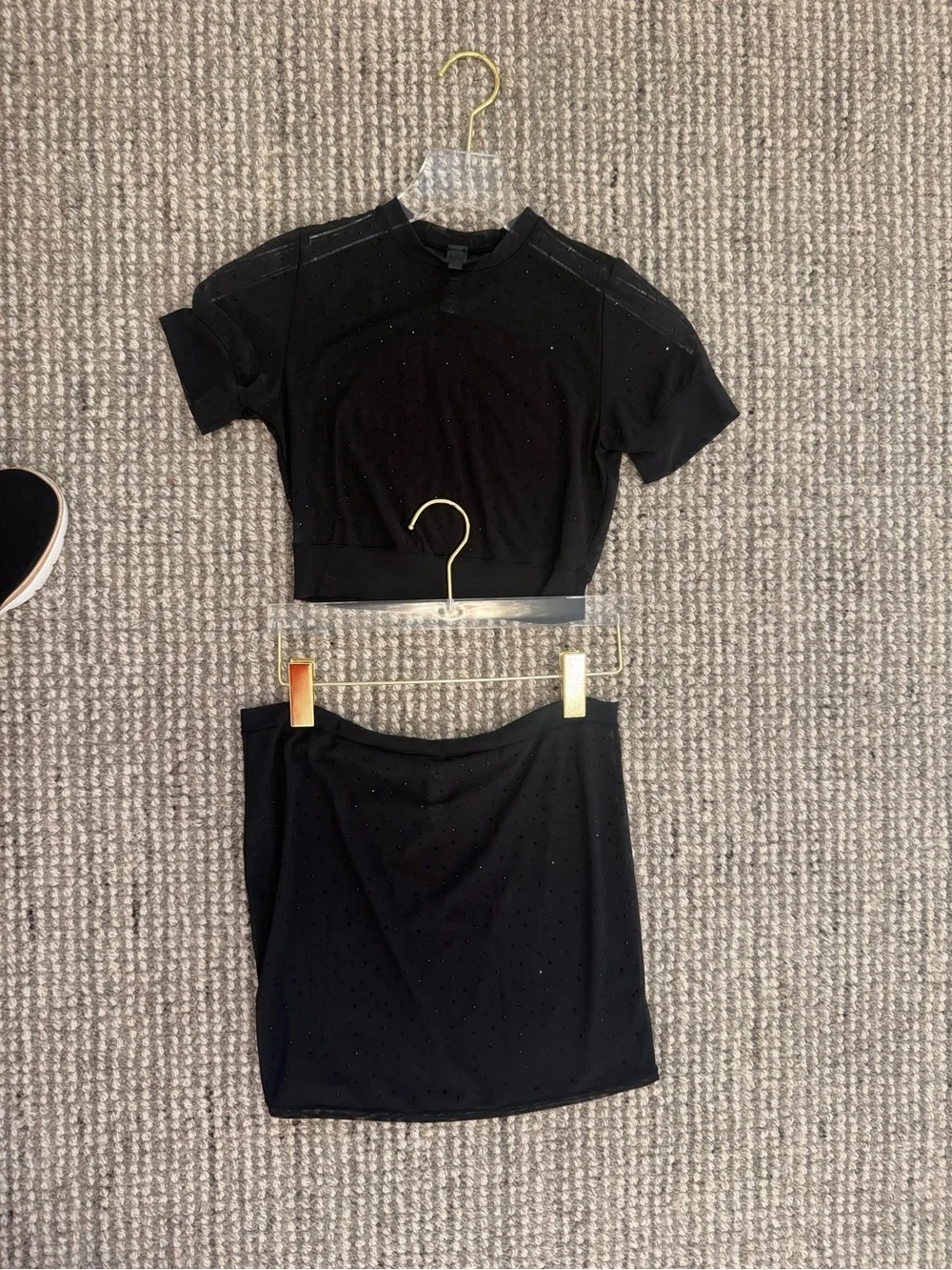 SKIMS Black Sheer Mesh Crop Top and Mini Skirt Set